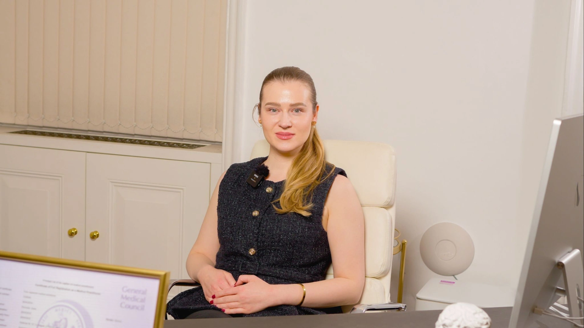 Ms. Peciulyte in her consultation room at L'Homme Inti, Marylebone